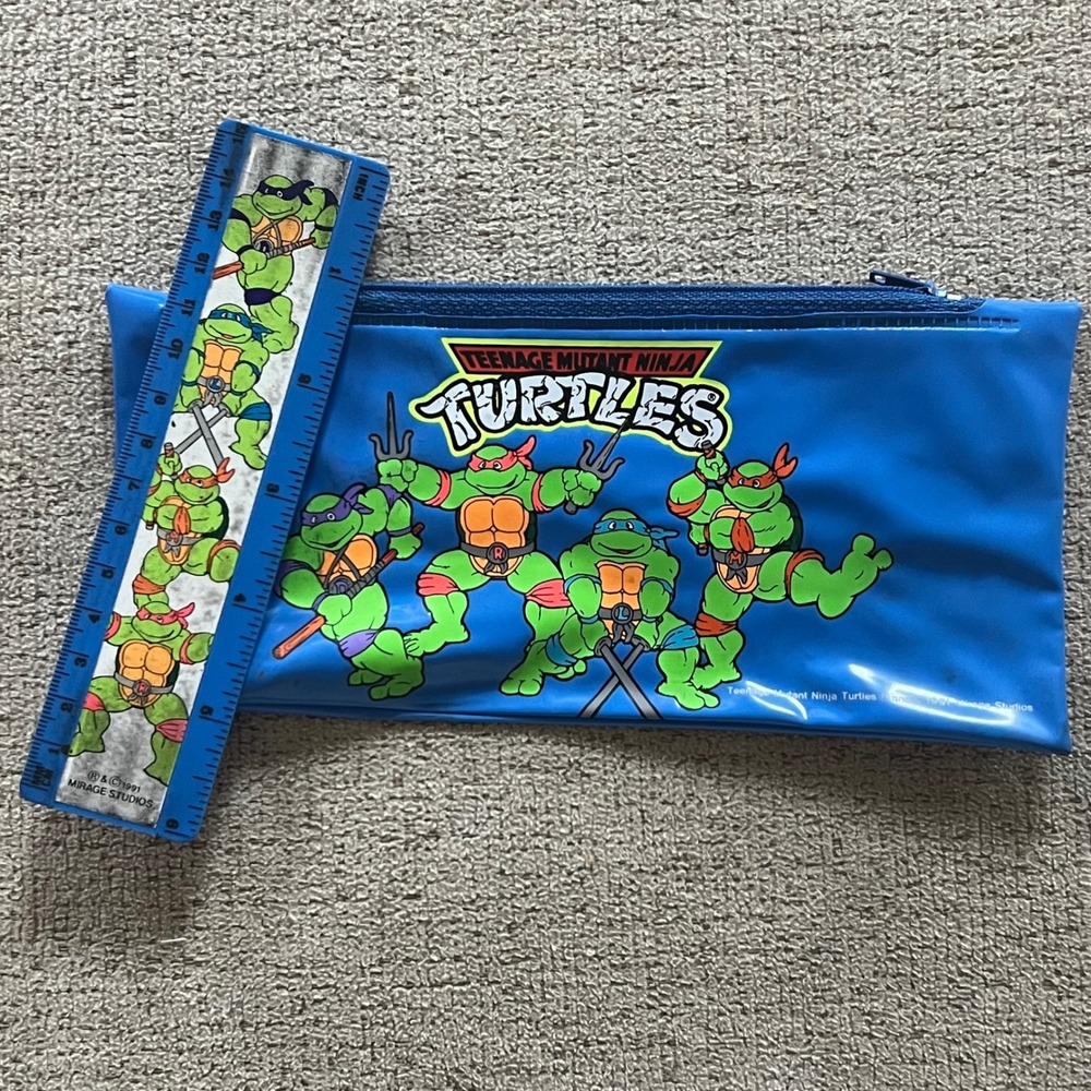 1991 TMNT Pencil Case & Ruler Teenage Mutant Ninja Turtles Vinyl Pouch Zipper